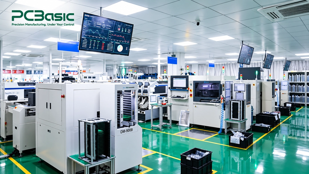PCBasic SMT assembly line with production dashboard screen
